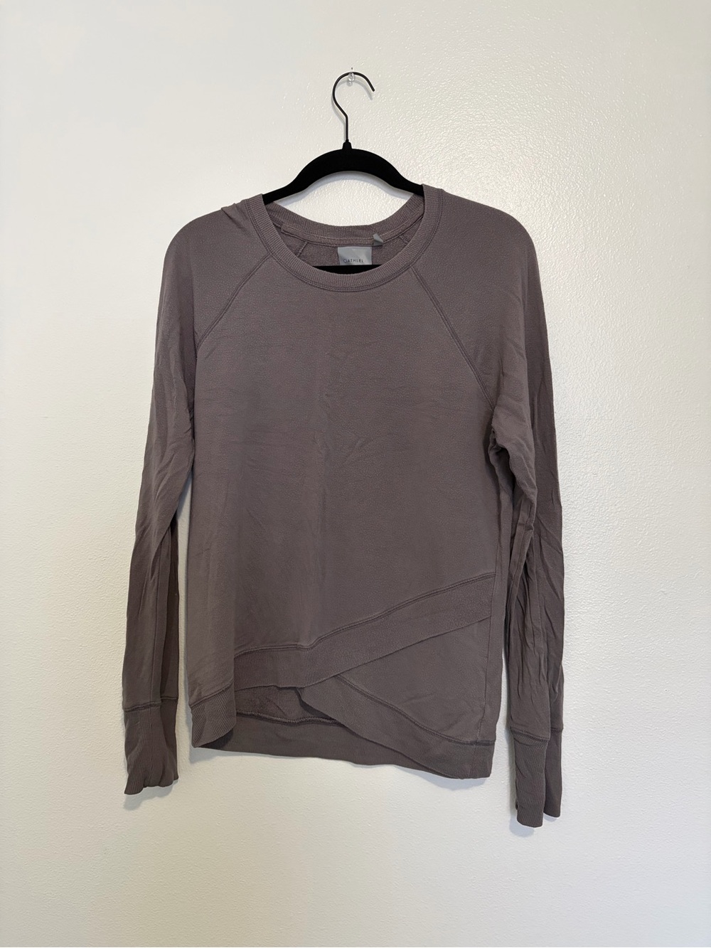 Athleta Gray Crewneck Pullover Sweater Crossover Wrap Hem Raglan Sleeve Small